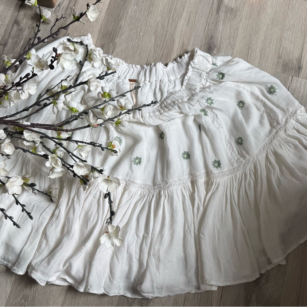 Free People White Bubble Mini Skirt with Ruffled Smocked Design